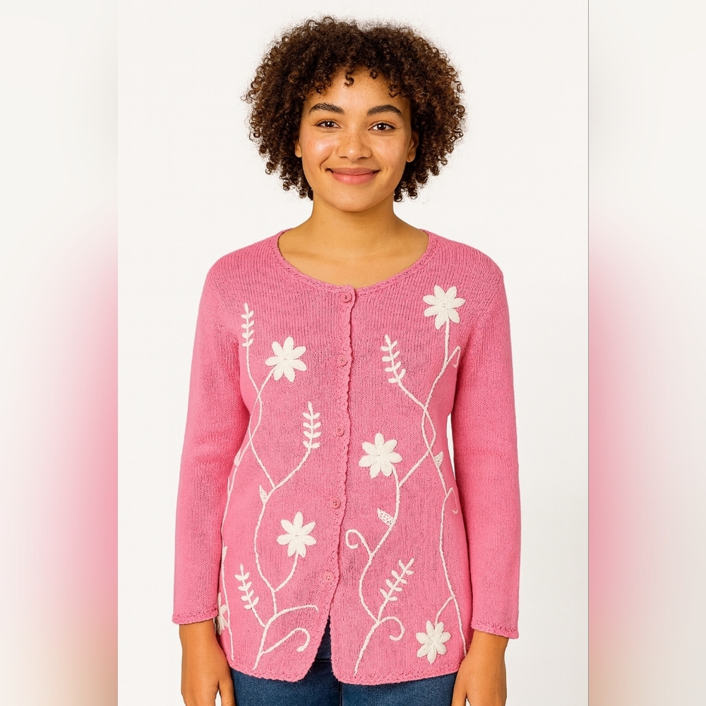 Vintage Rey Wear Hand‎ Knit Boliva Pink Cardigan White Floral Design Size Large